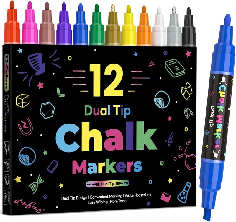 SAKEYR 12 Dual Tip Liquid Chalk Markers - Erasable Marker Pens for Blackboard, Chalkboard Signs, Glass, Chalk Pens Wet Erase Makers for Bar Menu, School,Wedding Sign, Just Married Car Windows Decorations - Image 1